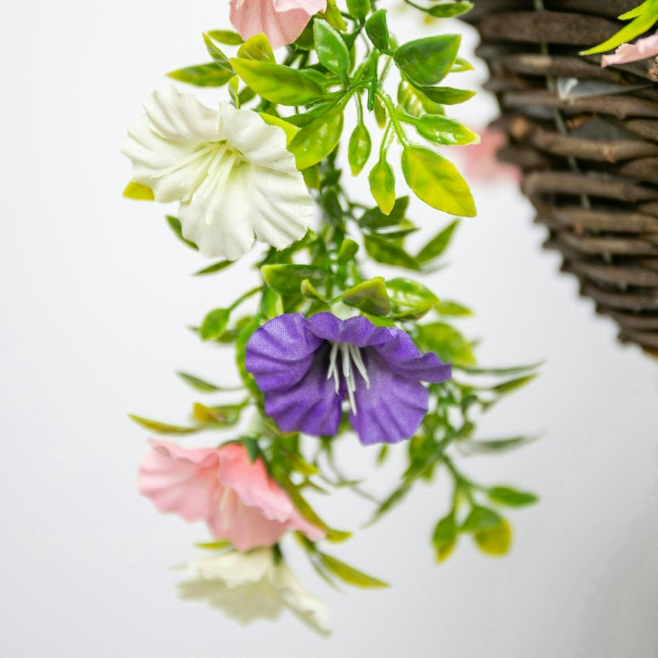 image 1 of Primrose Artificial Petunia Flowers Rattan Hanging Basket Pink Purple White 25cm