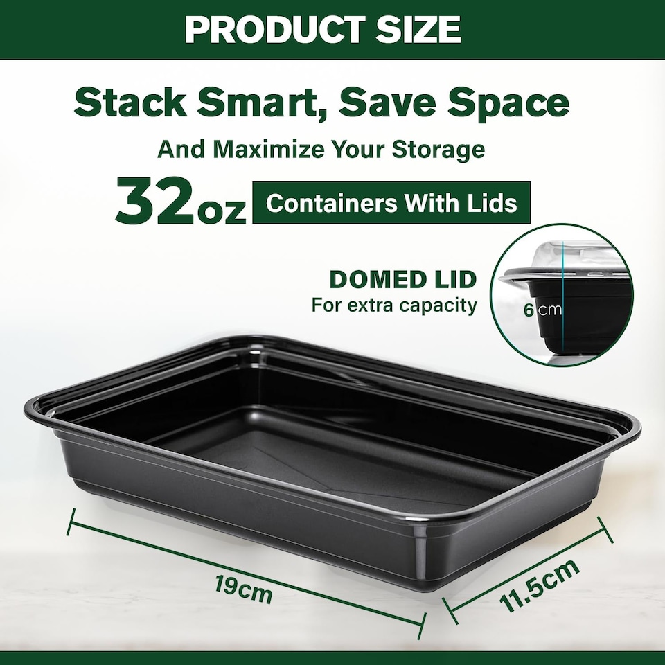 image 1 of 32oz Black Meal Prep Containers With Lid Plastic Microwave Safe Food Storage Box 50pc