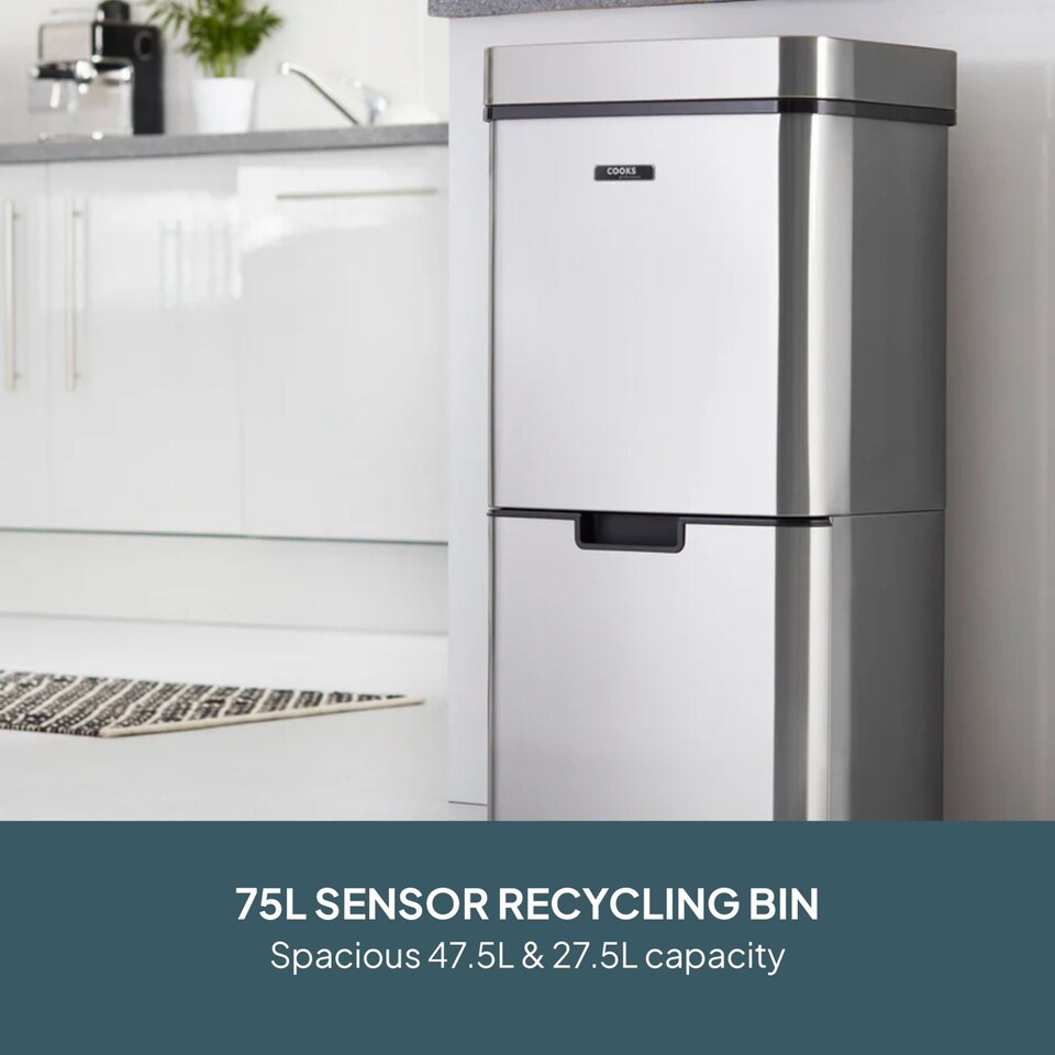 image 1 of Cooks Professional Recycling Sensor Bin 75L with Dual Compartments & Food Caddy | Silver | Silver
