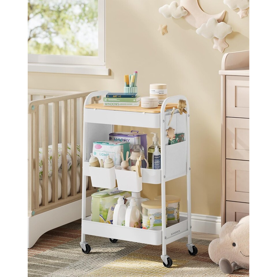 image 1 of 3-Tier Rolling Trolley, Utility Cart with Tabletop, Side Pockets, for Kitchen, Office or Bathroom, Cloud White