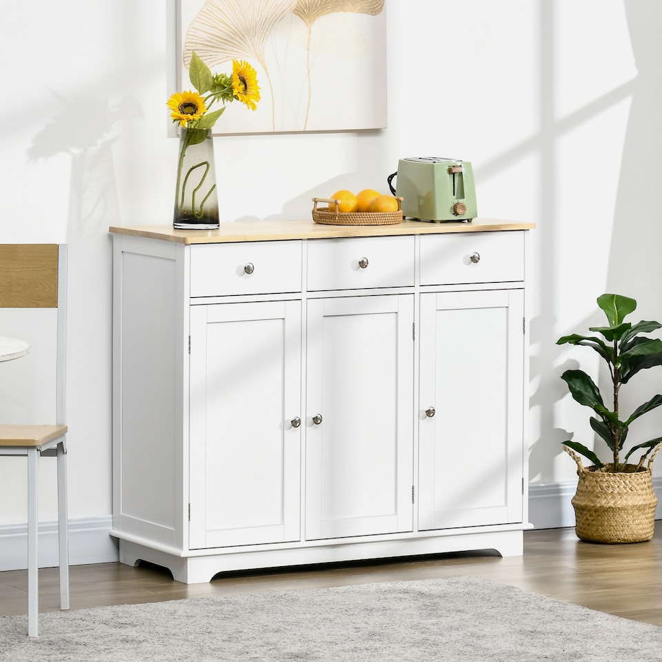 image 1 of HOMCOM Sideboard with Rubber Wood Top, Modern Storage Cabinet, Kitchen Cupboard with 3 Doors, 3 Drawers and 3 Adjustable Shelves for Dining Room, Living Room, White | White | White