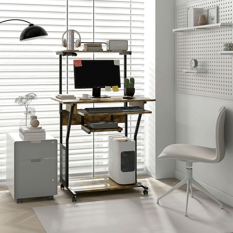 image 1 of HOMCOM Rolling Computer Desk with Keyboard Tray Storage Shelves Rustic Brown