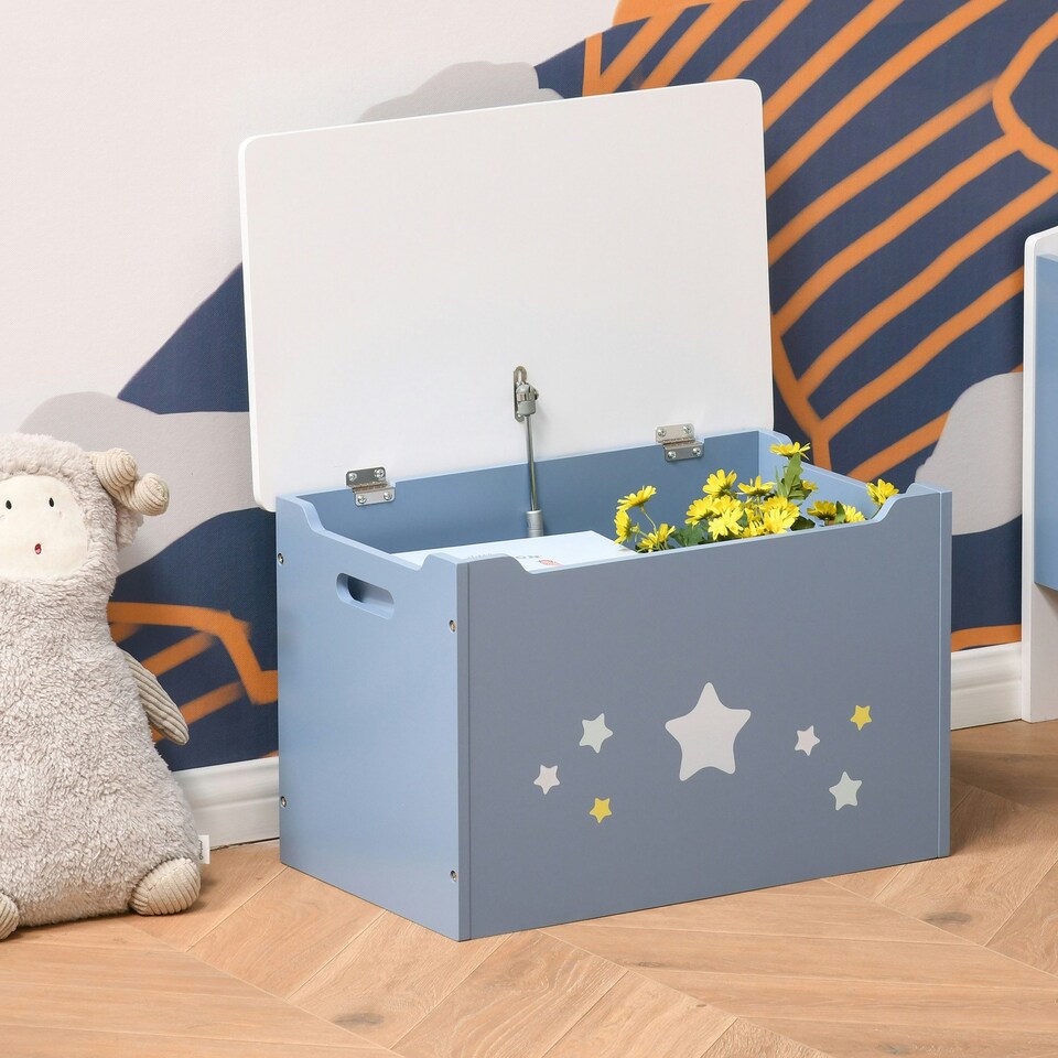 image 1 of HOMCOM Kids Wooden Toy Box Children Storage Chest Organiser Side Handle Blue Blue | 55 x 34 x 35.5cm