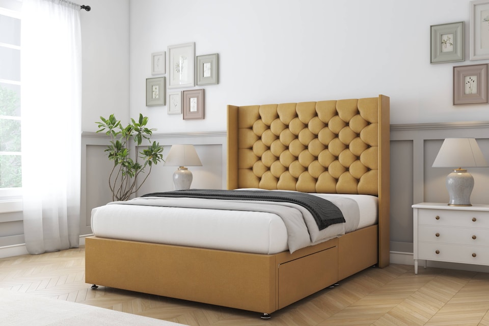 image 1 of Sloomy Dior Mustard Plush Divan Bed With Mattress No Drawers With 54" Wingback Headboard 3' Single | Gold | Mustard | Single | 1