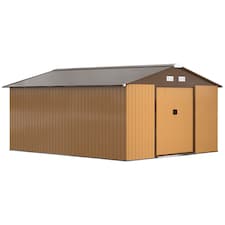 Outsunny 13 x 11ft Metal Garden Shed, Outdoor Storage Tool House with Ventilation Slots, Foundation Kit and Lockable Double Doors, Light Brown