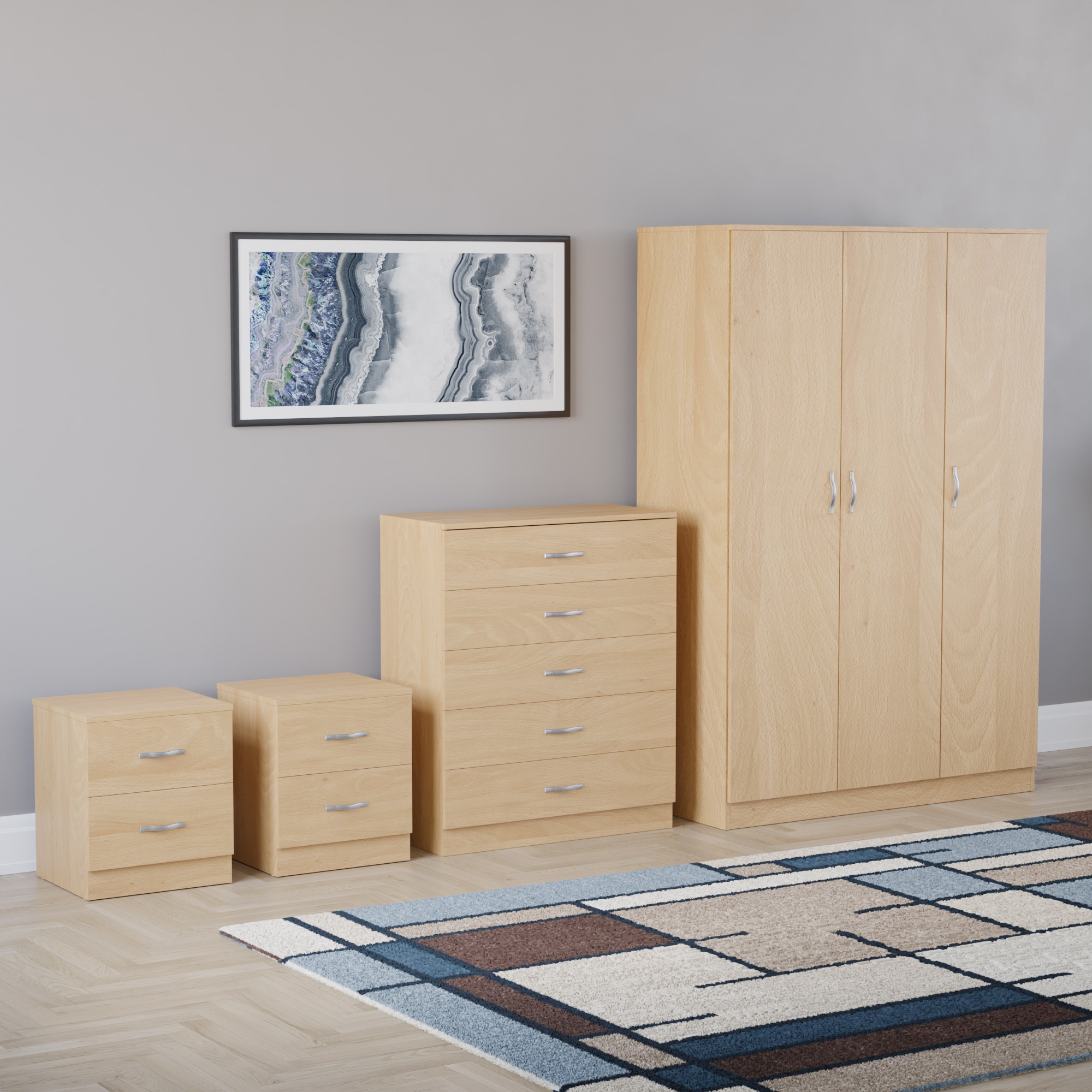 Vida Designs Riano 4 Piece Bedroom Set (2x 2 Drawer Bedside Chest, 5 Drawer Chest, 3 Door Wardrobe) - Pine