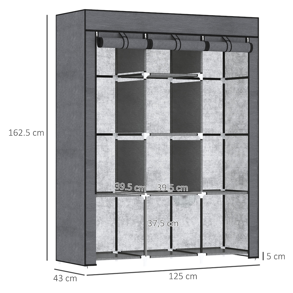 image 1 of HOMCOM Fabric Portable Wardrobe with 8 Shelves 2 Hanging Rails, Grey