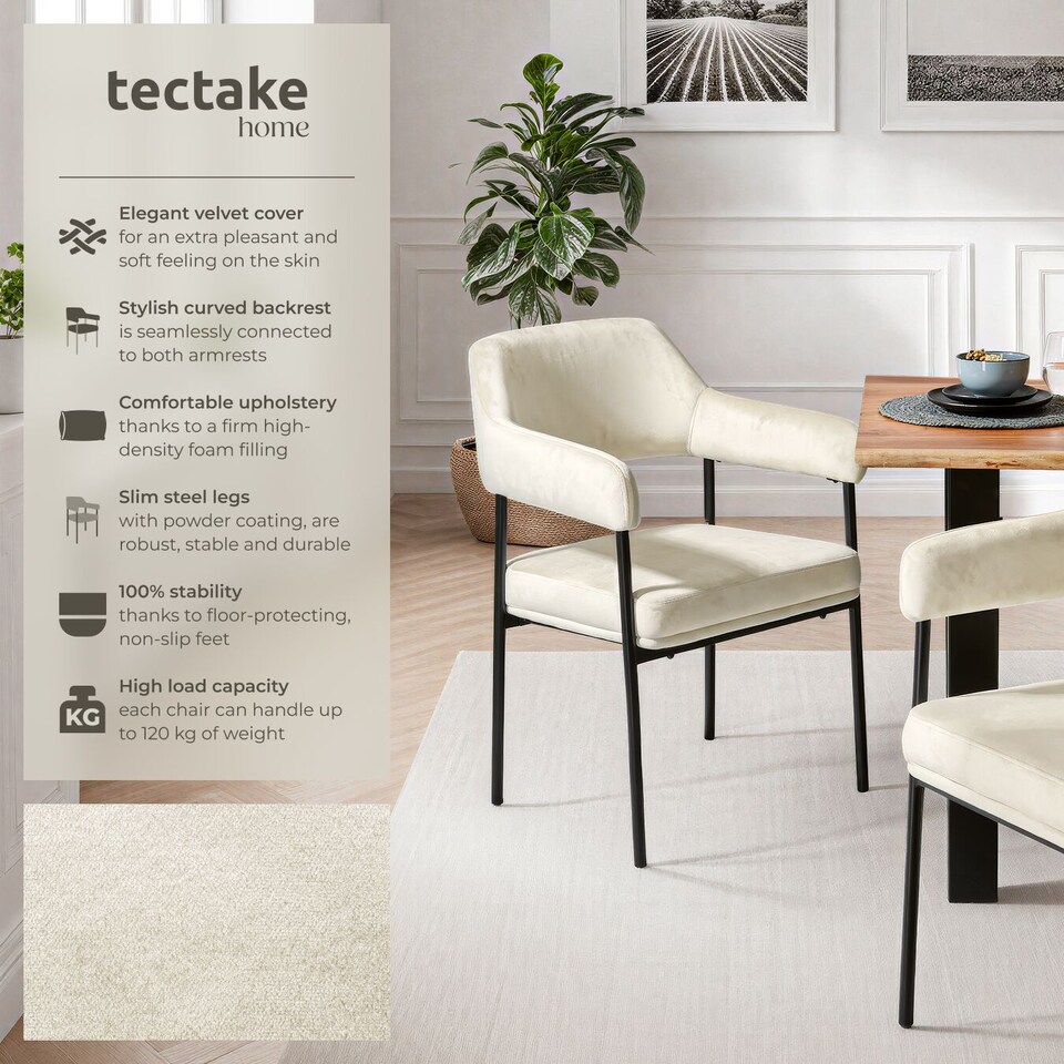 image 1 of Armchair Doe - durable fabric, black powder-coated legs, 120 kg load, 58 x 62 x 85 cm | White | velvet look off-white | 2