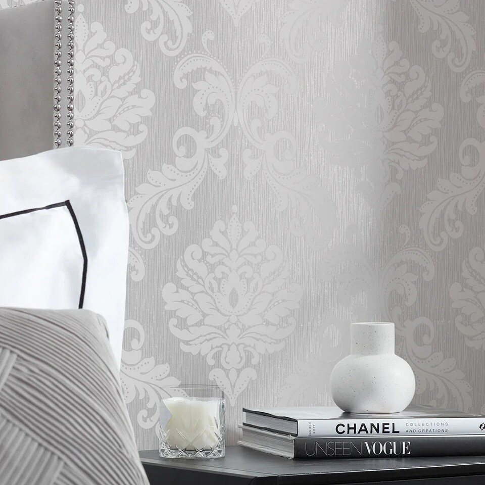 image 1 of Chelsea Glitter Damask Wallpaper in Soft Grey and Silver | Grey | Soft Grey And Silver | 53cm x 10m