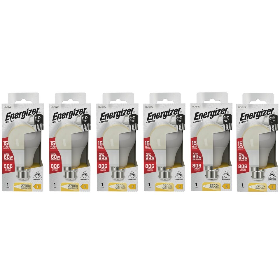 image 1 of Energizer LED GLS B22 806lm 7.3W 3000K (Warm White) Dimmable Light Bulb - Pack of 6