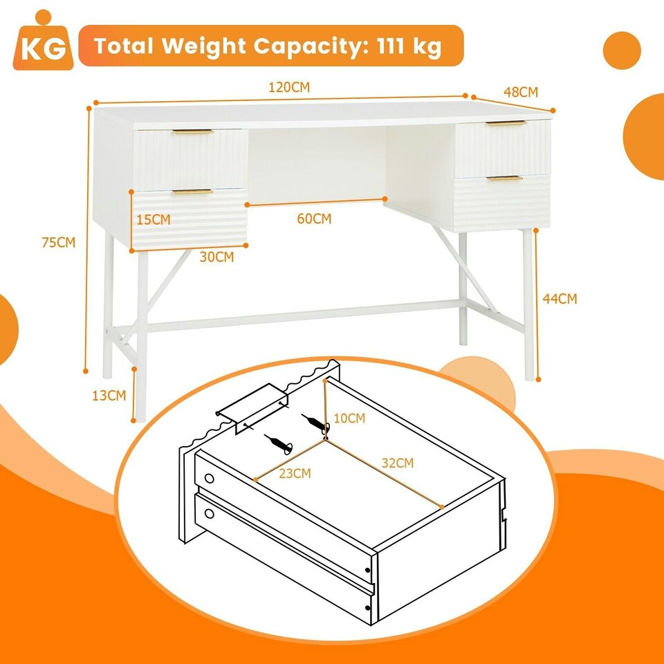 image 1 of COSTWAY Modern Computer Desk with 4 Drawers White