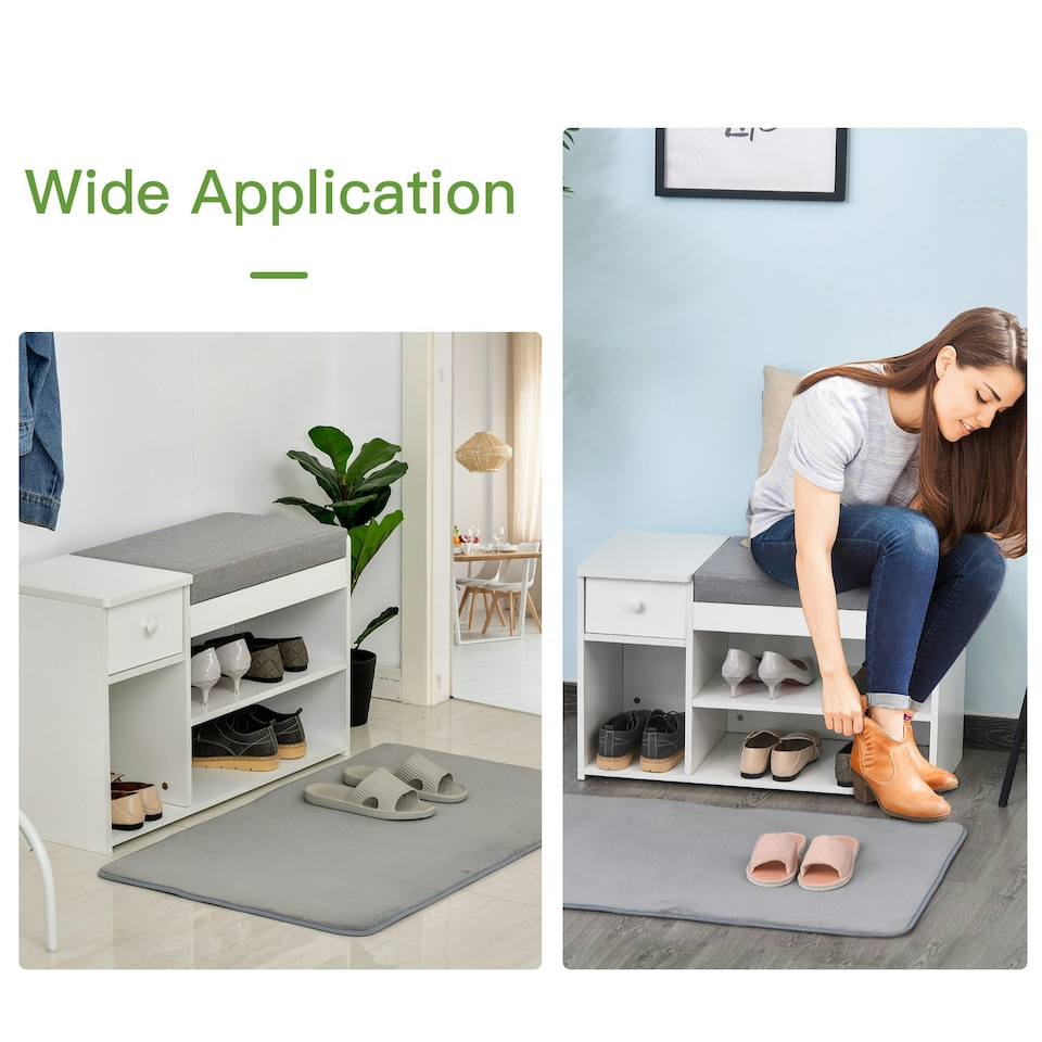 image 1 of HOMCOM Multi-Storage Shoe Bench Drawer 3 Compartments Cushion Home Boots White White