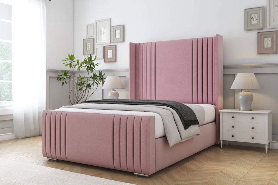 image 1 of Sloomy Camden Pink Plush Bed Frame With 50"  Upholstered Wingback Headboard 6' Super King