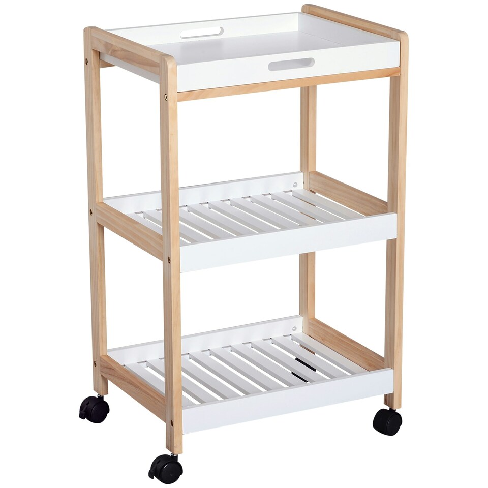 image 1 of HOMCOM Mobile Serving Trolley Kitchen Cart Pine Wood Rolling Wheels White