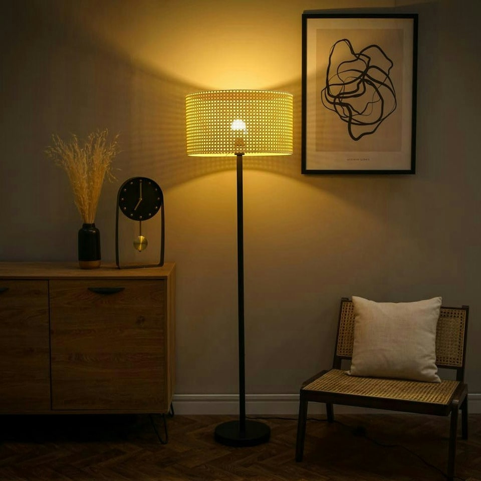 image 1 of ValueLights Black Metal Stem Floor Lamp with Large Wicker Effect Drum Lampshade - Bulb Included