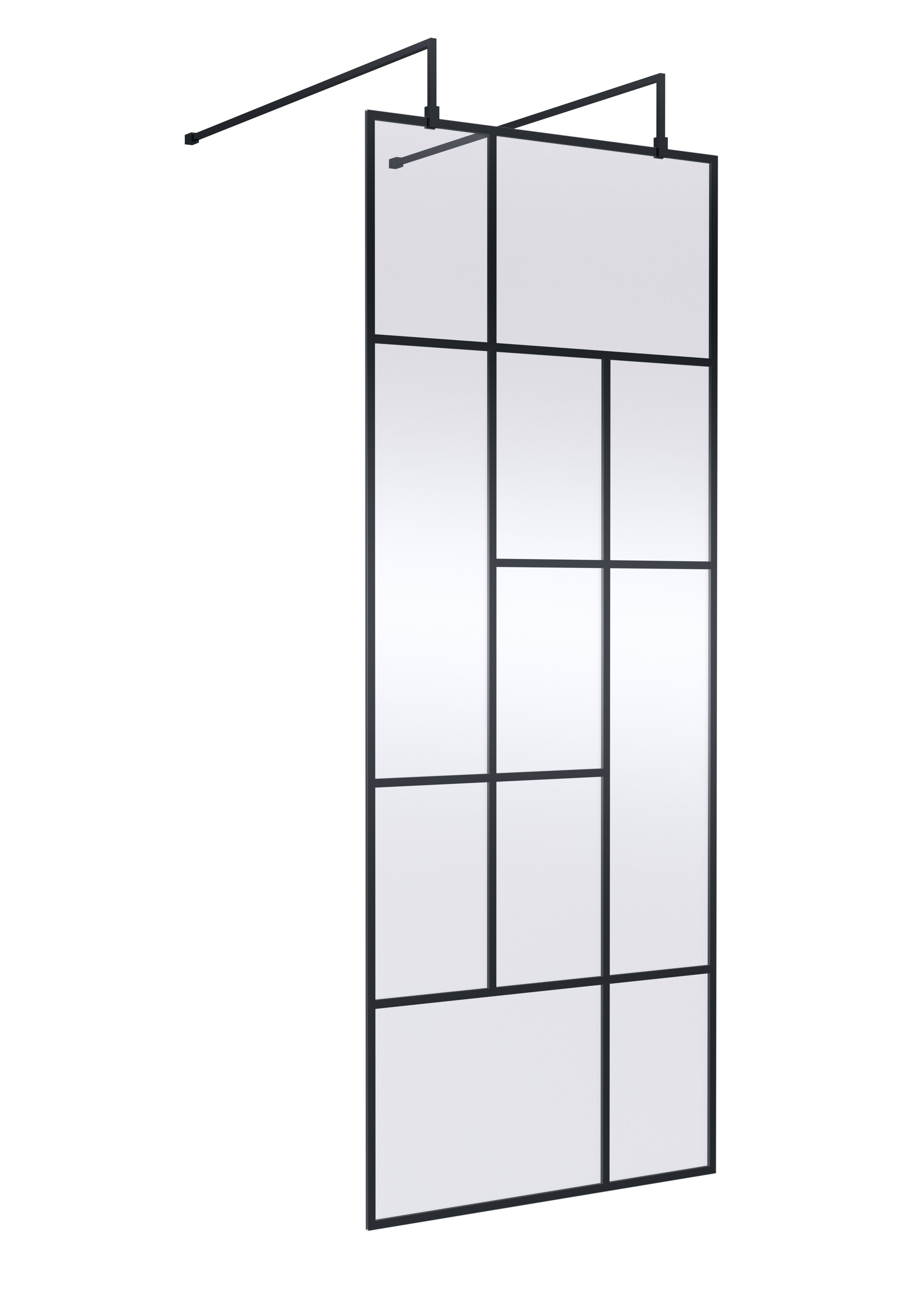 Balterley Rolleston Contemporary Bathroom Abstract Frame Design 8mm Glass Wetroom Screen with Arms and Feet, 1950 x 850 x 60mm, Matt Black