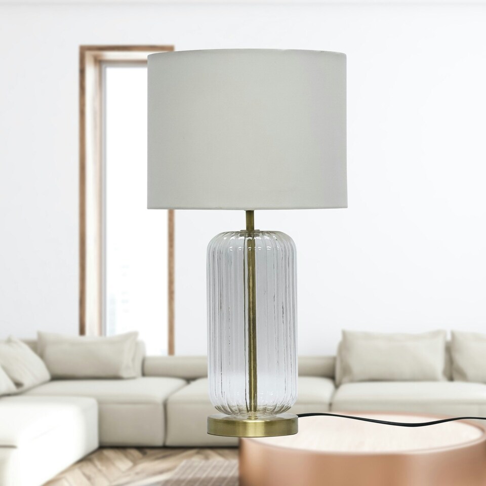 image 1 of First Choice Lighting Walpole Clear Fluted Glass and Antique Brass 49cm Table Lamp with Ivory Fabric Shade Bronze | White