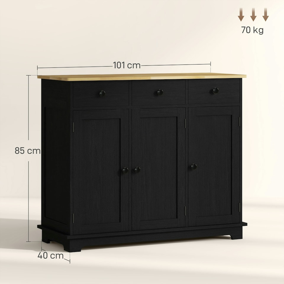 image 1 of HOMCOM Sideboard Buffet Cabinet with Rubber Wood Top and Drawers, Black Black | Rubberwood top