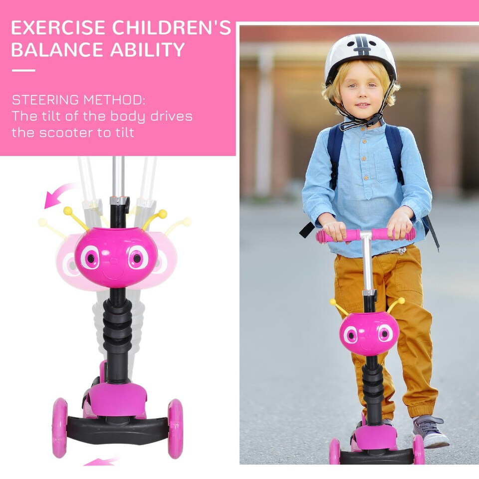 image 1 of Kids Kick Scooter, Three-Wheel Walker w/ Removable Adjustable Seat, Pink