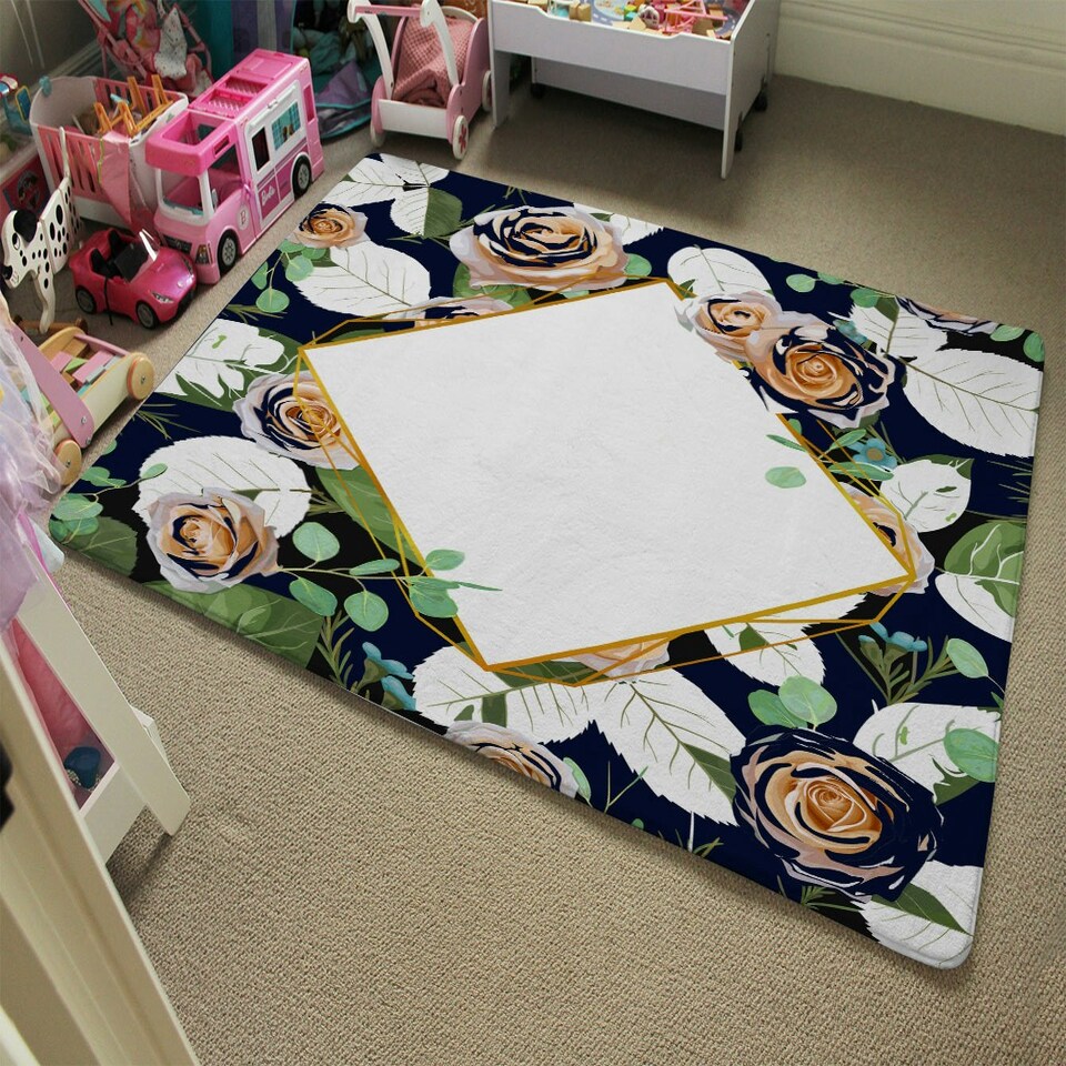 image 1 of Decorative Flowers On Navy Background (Rug) Multi | Small: 60x110cm