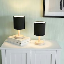 ValueLights Nelly Pair of Black Shade with Wooden Base Bedside Table Lamps with LED Bulbs Black