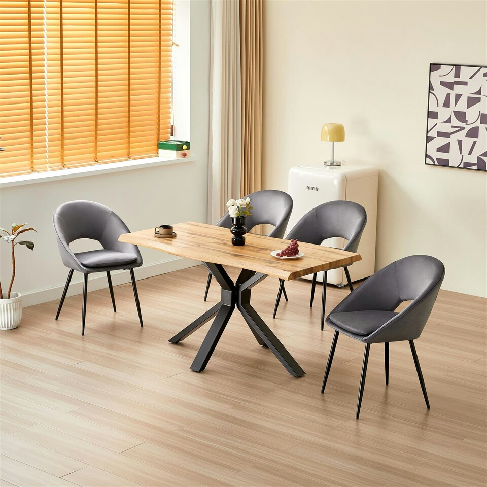 image 1 of Wooden Dining Table with X-Shaped Iron Legs and 4 Grey Velvet Chairs  Modern Dining Set for Home and Kitchen Grey