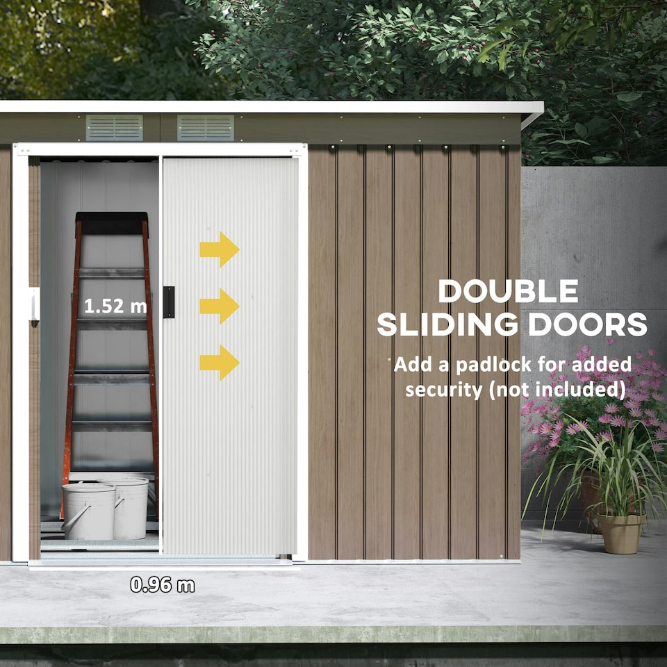 image 1 of Outsunny 9 x 4FT Metal Garden Storage Shed w/ 2 Door, Light Grey Wood Grain Grey