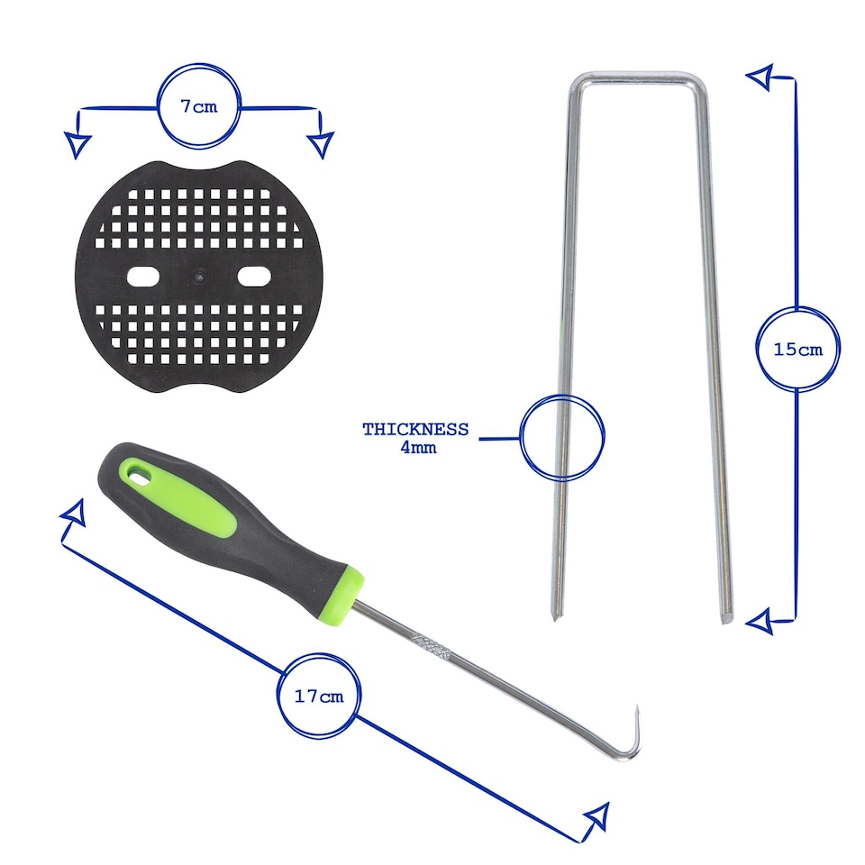 image 1 of Harbour Housewares Garden Pegs, Buffer Washer Plate & Removal Tool Set - 150mm Staples 4mm Thickness Galvanised Steel Stake | Silver | Silver | One Size | 200