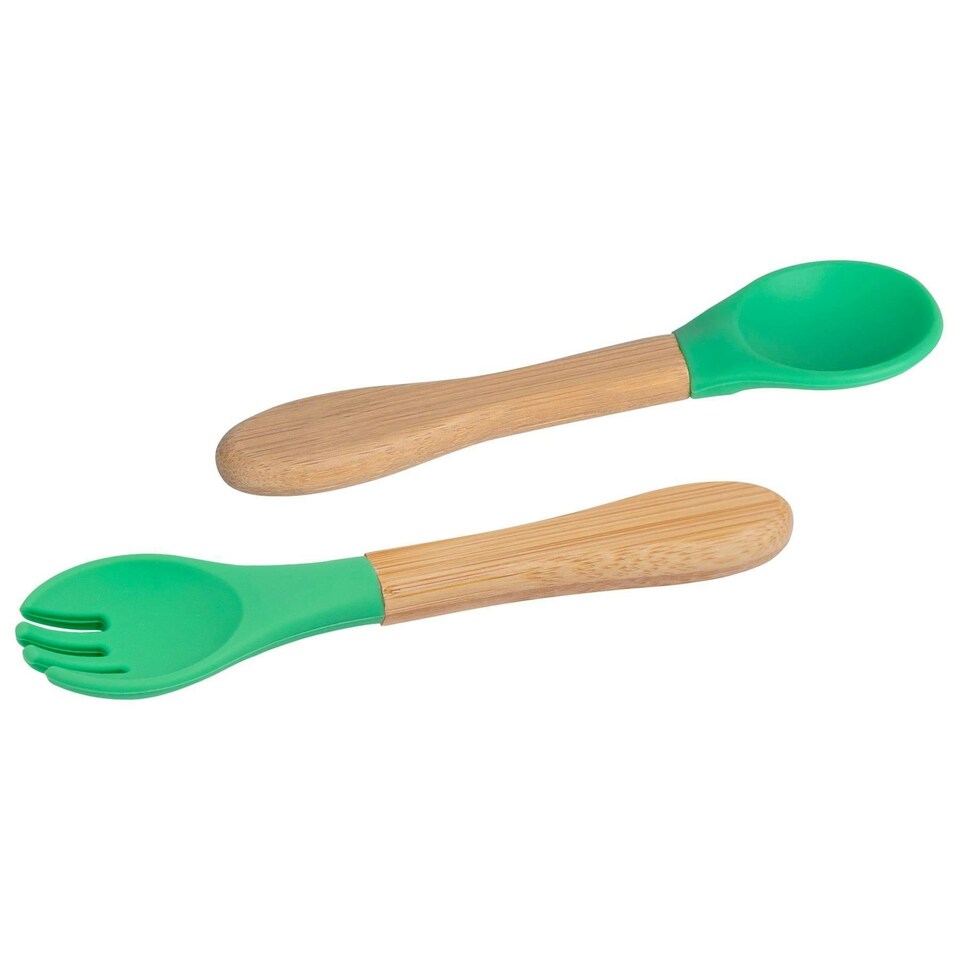 image 1 of Tiny Dining Bamboo Baby Weaning Fork & Spoon Set - Green
