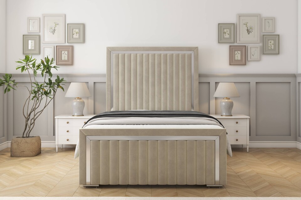 image 1 of Sloomy Boston Chrome Cream Plush Bed Frame With Mattress With 50" Upholstered Headboard 5' King
