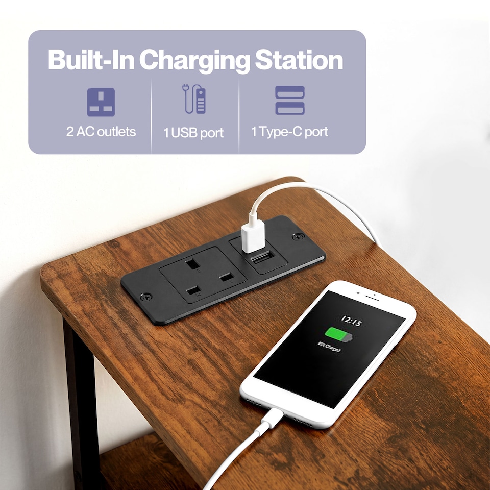 image 1 of Levede Bedside Table Narrow Side Table with LED Charging Station Storage Brown