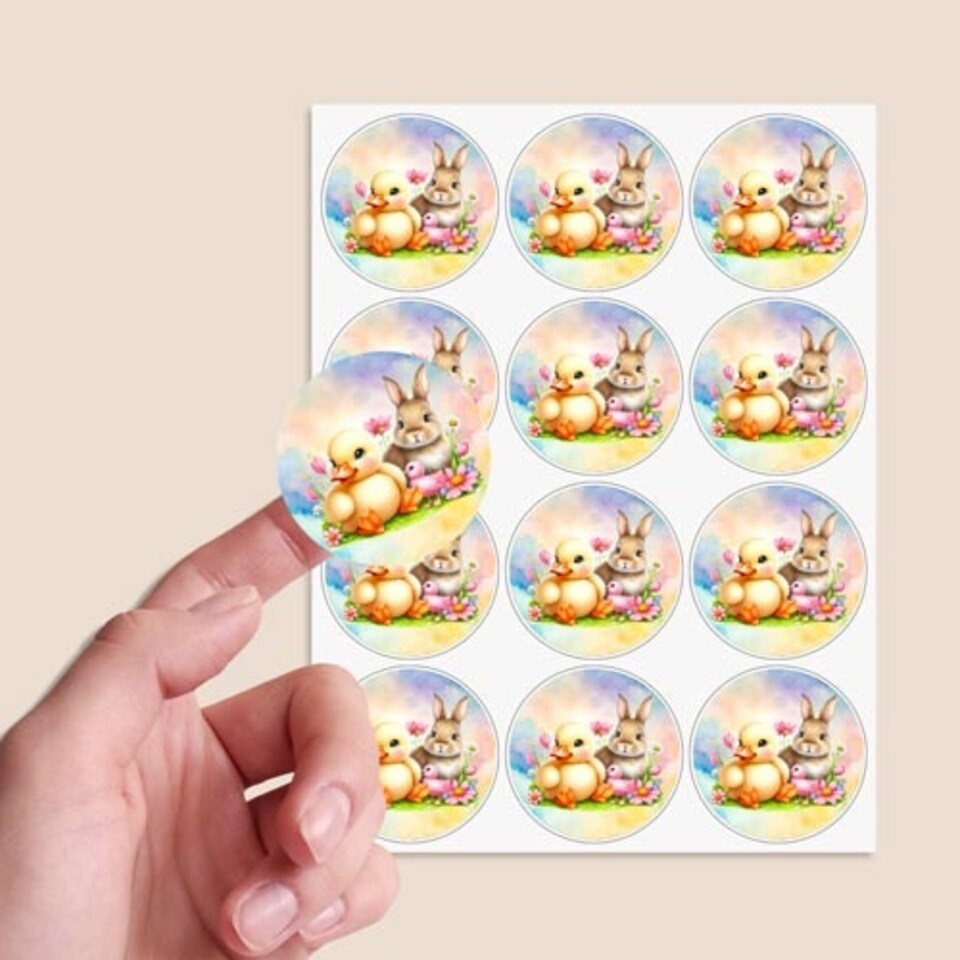 image 1 of Easter Bunny and Chick Round Stickers 60mm - Sheet of 12