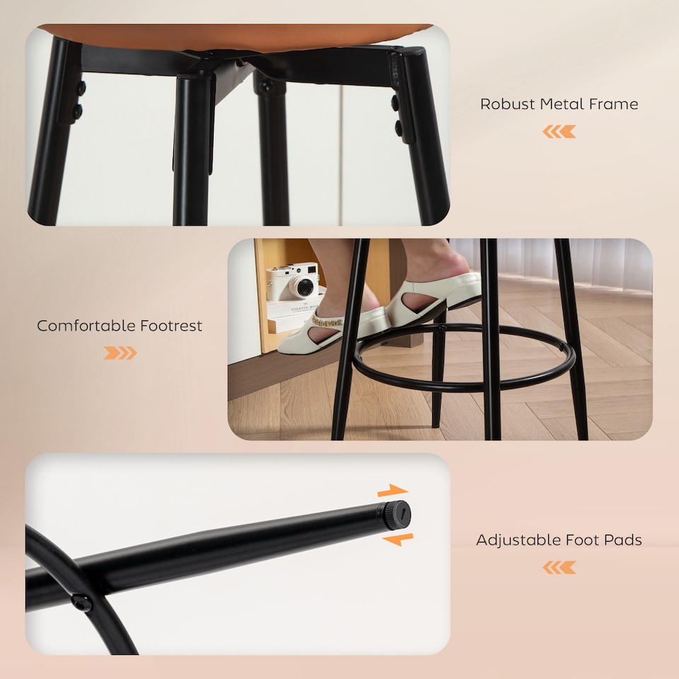 image 1 of HOMCOM 360 Degree Swivel Bar Stools Set of 2, Kitchen Counter Stools with Footrest, Faux Leather with Stitching, Modern Barstools for Breakfast Island, 69 cm Tall, Brown | Brown | Brown