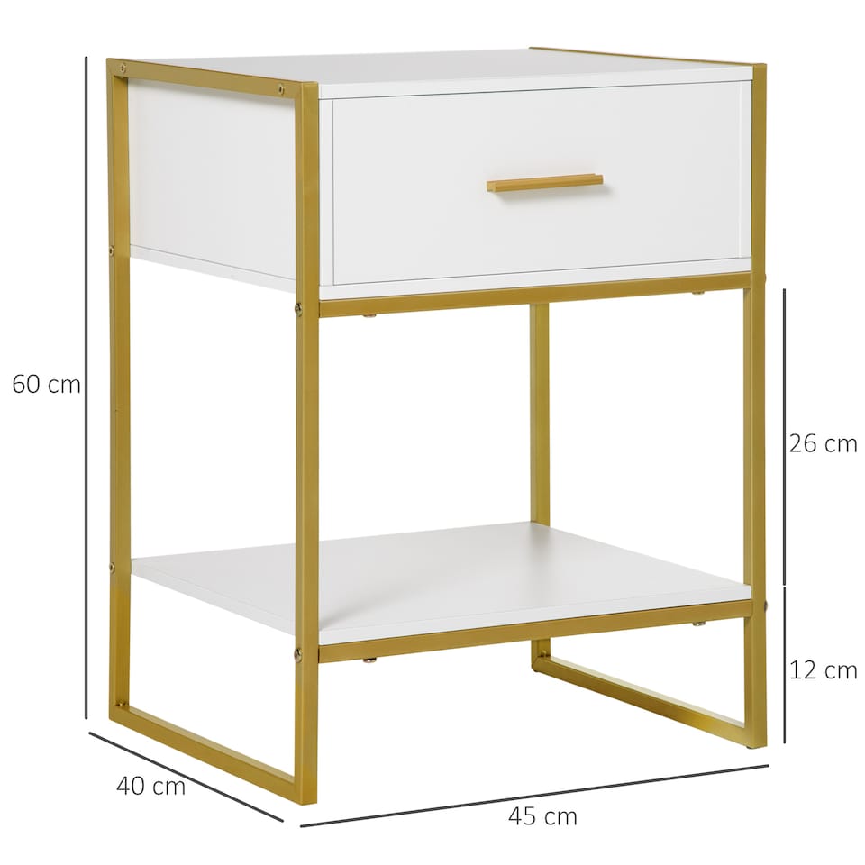 image 1 of HOMCOM Bedside Table with Storage Drawer and Open Shelf, Modern Nightstand, Side Table with Metal Frame for Bedroom, Living Room, White