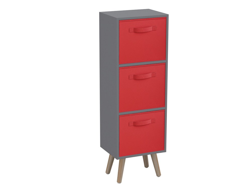 image 1 of Grey 3-Tier 3-Drawer Cube Shelving Unit with Scandinavian Legs | Red | Red & Pine | 1