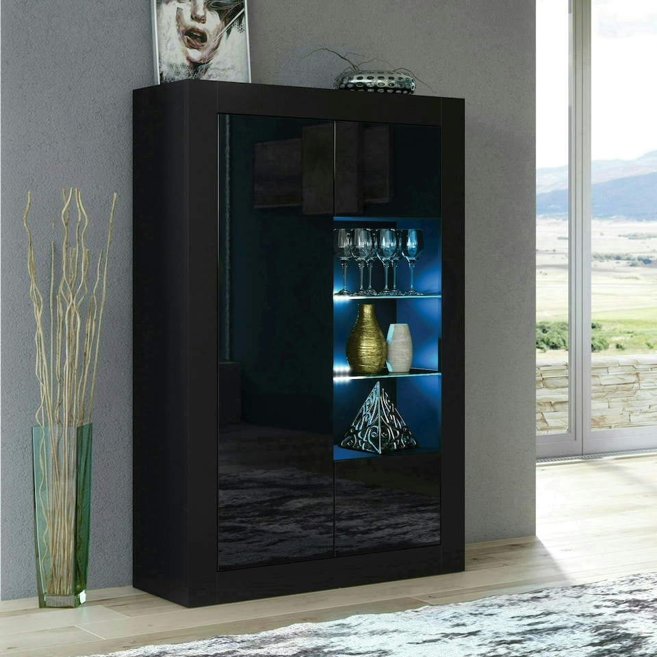image 1 of Black Display Cabinet 93cm Gloss Doors Free LED Modern Storage Unit | Black