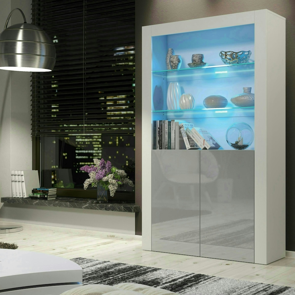 image 1 of Display Cabinet 100cm Grey Gloss Doors White Matt Body Free LED | White | Grey