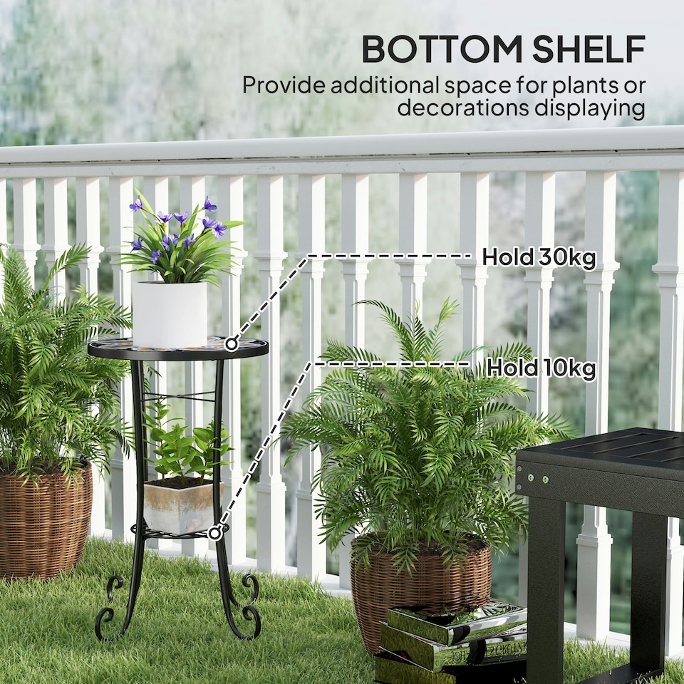 image 1 of Outsunny 35.5cm Round Mosaic Garden Side Table Plant Stand w/ Shelf Blue | Blue