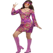 Hippie Chick Costume - Multi-Coloured - with Dress - Headscarf & Medallion - 45519L L