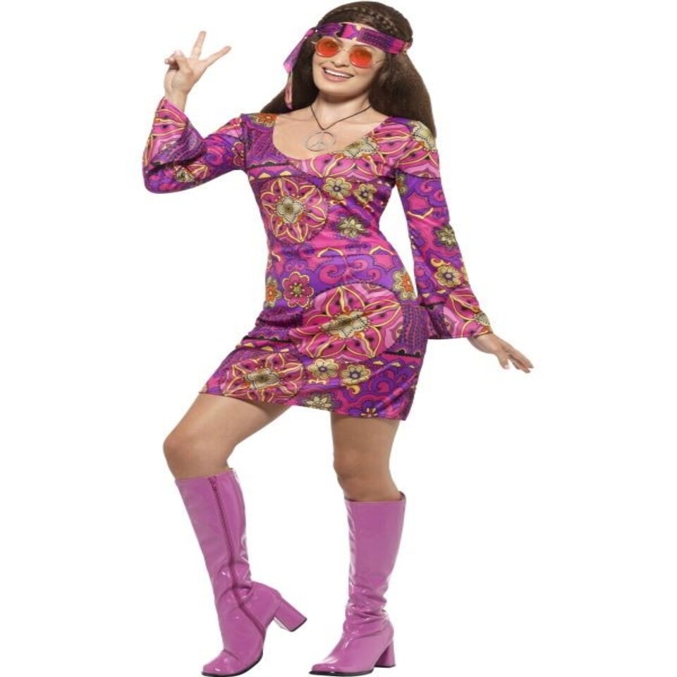Hippie Chick Costume - Multi-Coloured - with Dress - Headscarf & Medallion - 45519L L