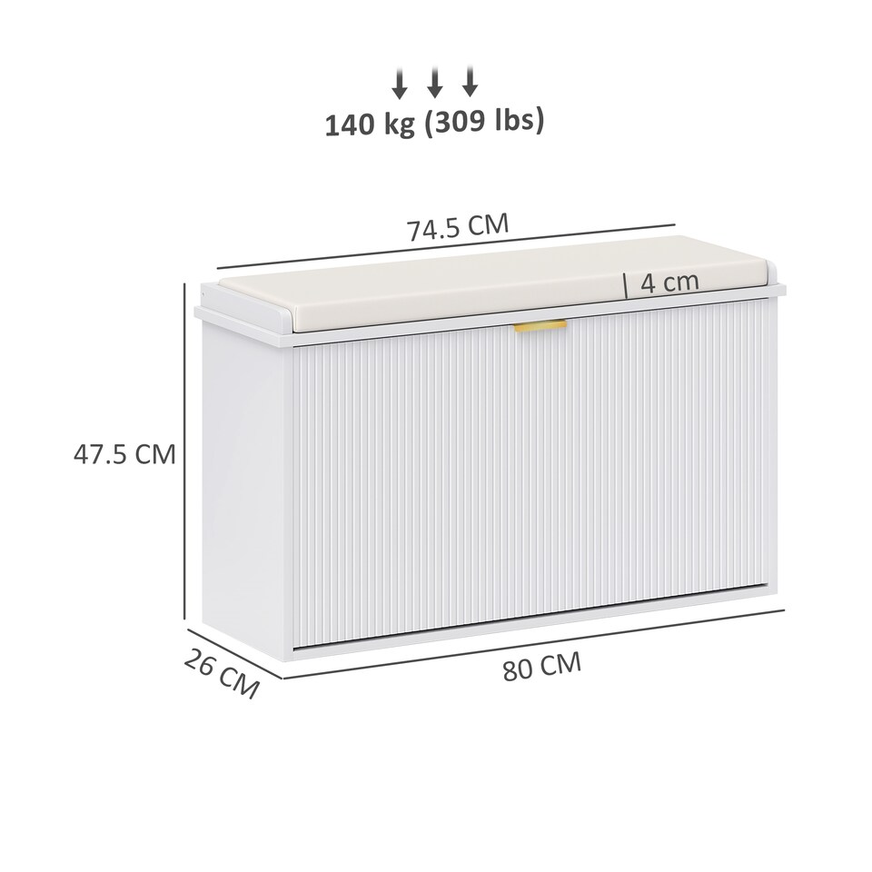 image 1 of HOMCOM Shoe Bench with Padded Seat Cushion and Flip-Drawer, Shoe Cabinet Holds up to 120kg for Hallway, Entryway and Porch, 80x26x47.5cm, White | White | White