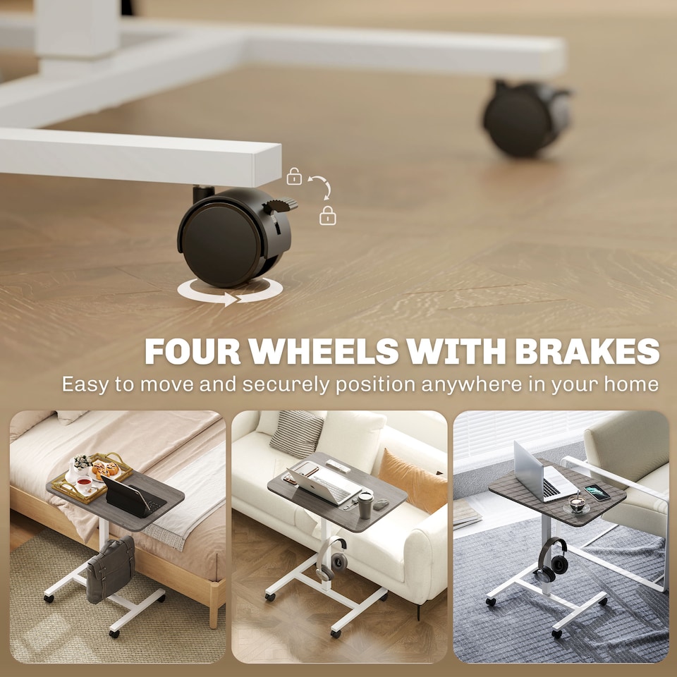 image 1 of HOMCOM Height Adjustable Standing Desk, Pneumatic Sit Stand Desk for Laptop, Mobile Overbed Table with Wheels and Headphone Hook for Home Office, Grey