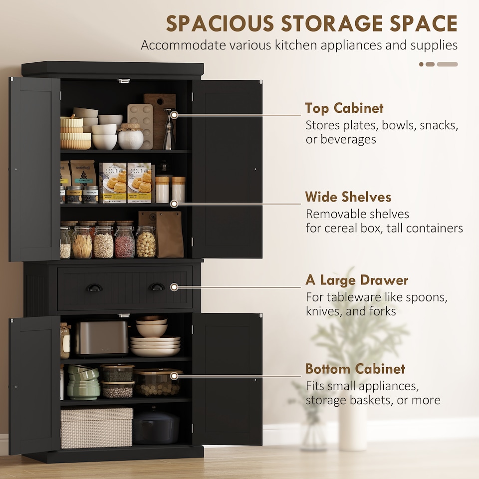image 1 of HOMCOM Freestanding Kitchen Storage Cabinet Drawer Cupboards Shelves, Black