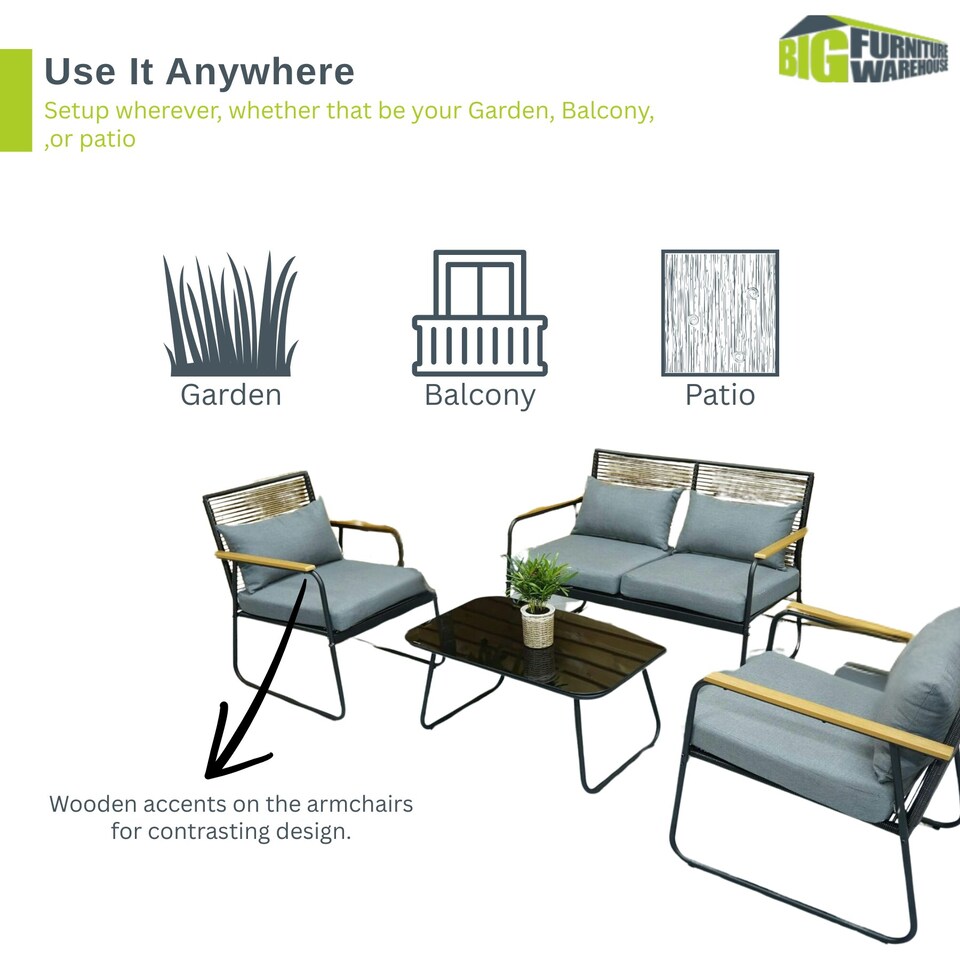 image 1 of Black Metal 4 Piece Garden Set Padded Cushion Glass Tabletop Outdoor Furniture