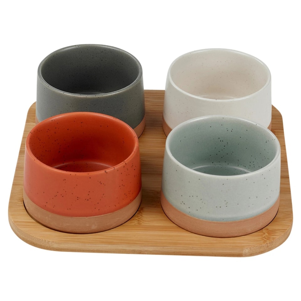 image 1 of Stoneware Serving Condiment Sets Snack Dishes Bamboo Paddle Board Platter | Multi | Multicoloured | 4 Bowls on Board