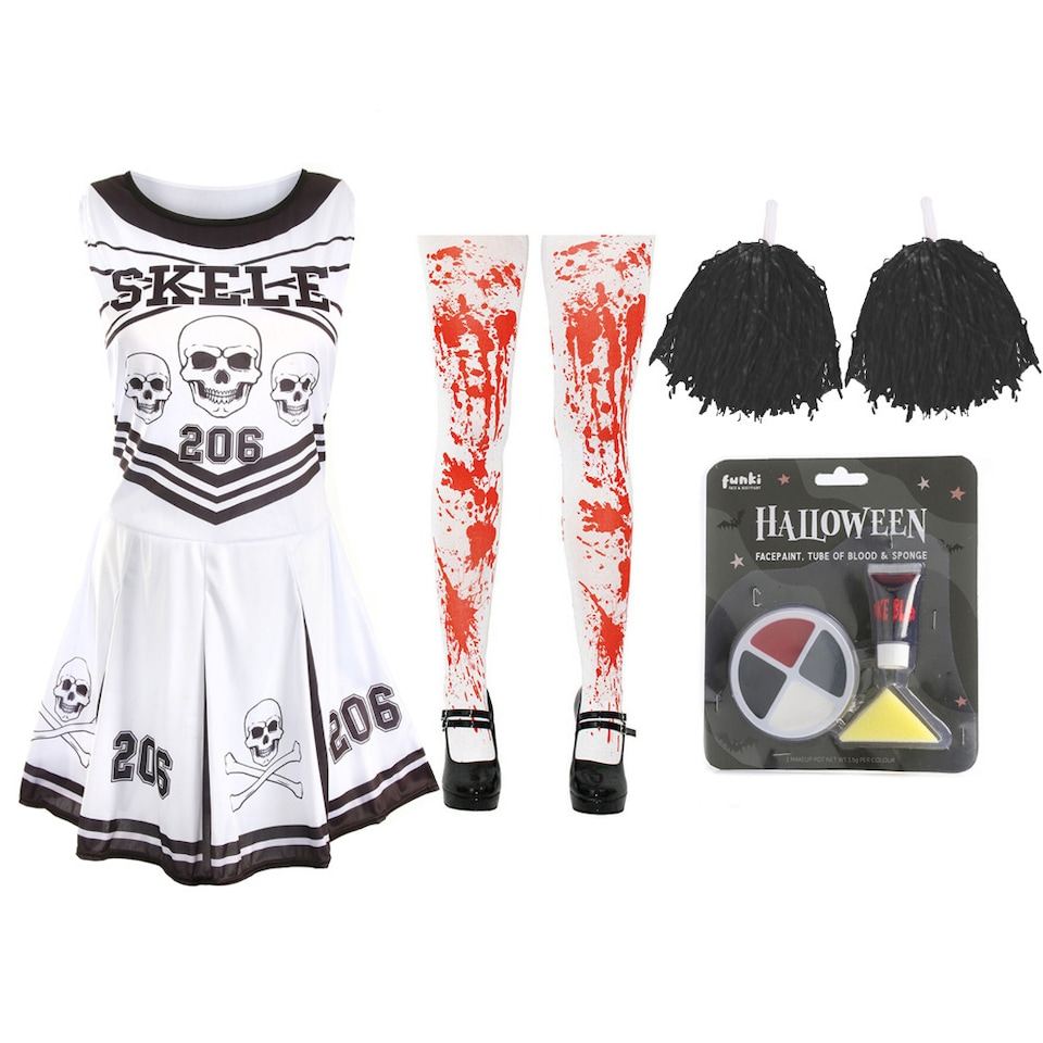 image 1 of Skeleton Cheerleader - Facepaint, Bloody Tights, Pom Poms | Multi | L