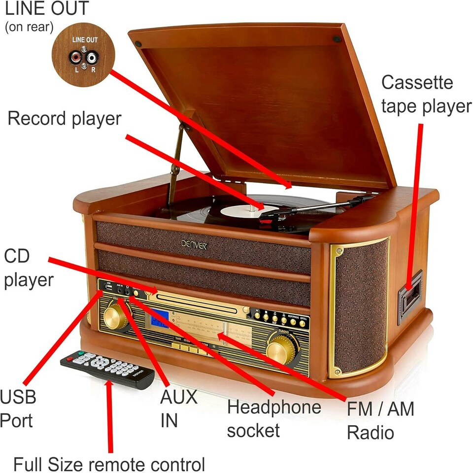 image 1 of Denver MCR-50BT Vintage Retro Bluetooth Music Centre with CD, Cassette, and USB HiFi System