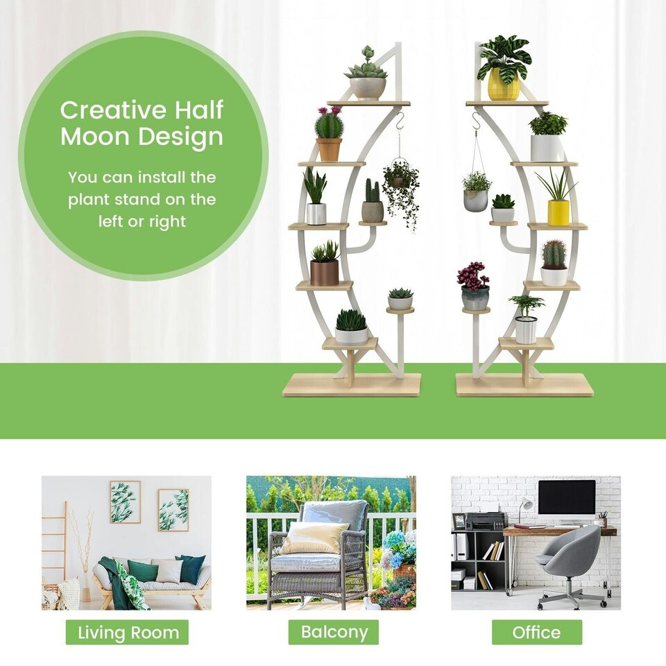 image 1 of COSTWAY 2 Pcs Wooden 8-Tier Plant Stand Rack Half Moon Shelf White