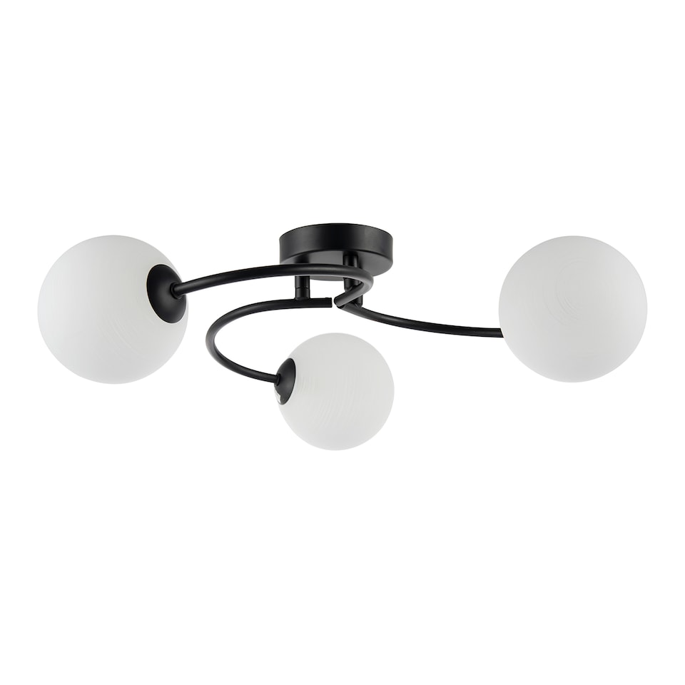 image 1 of Modern 3-Arm Matte Black Ceiling Light with Opal Swirl Glass Spherical Shades | Black