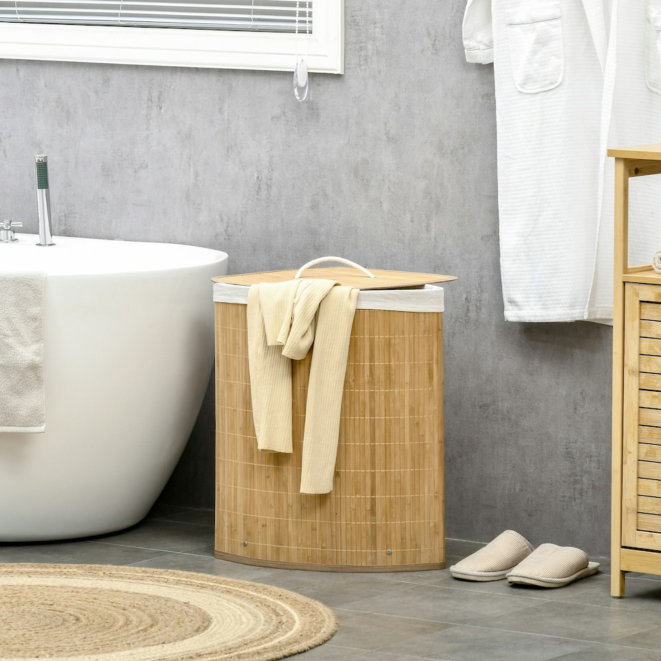 image 1 of HOMCOM 55L Bamboo Corner Laundry Hamper Bamboo Laundry Basket Natural